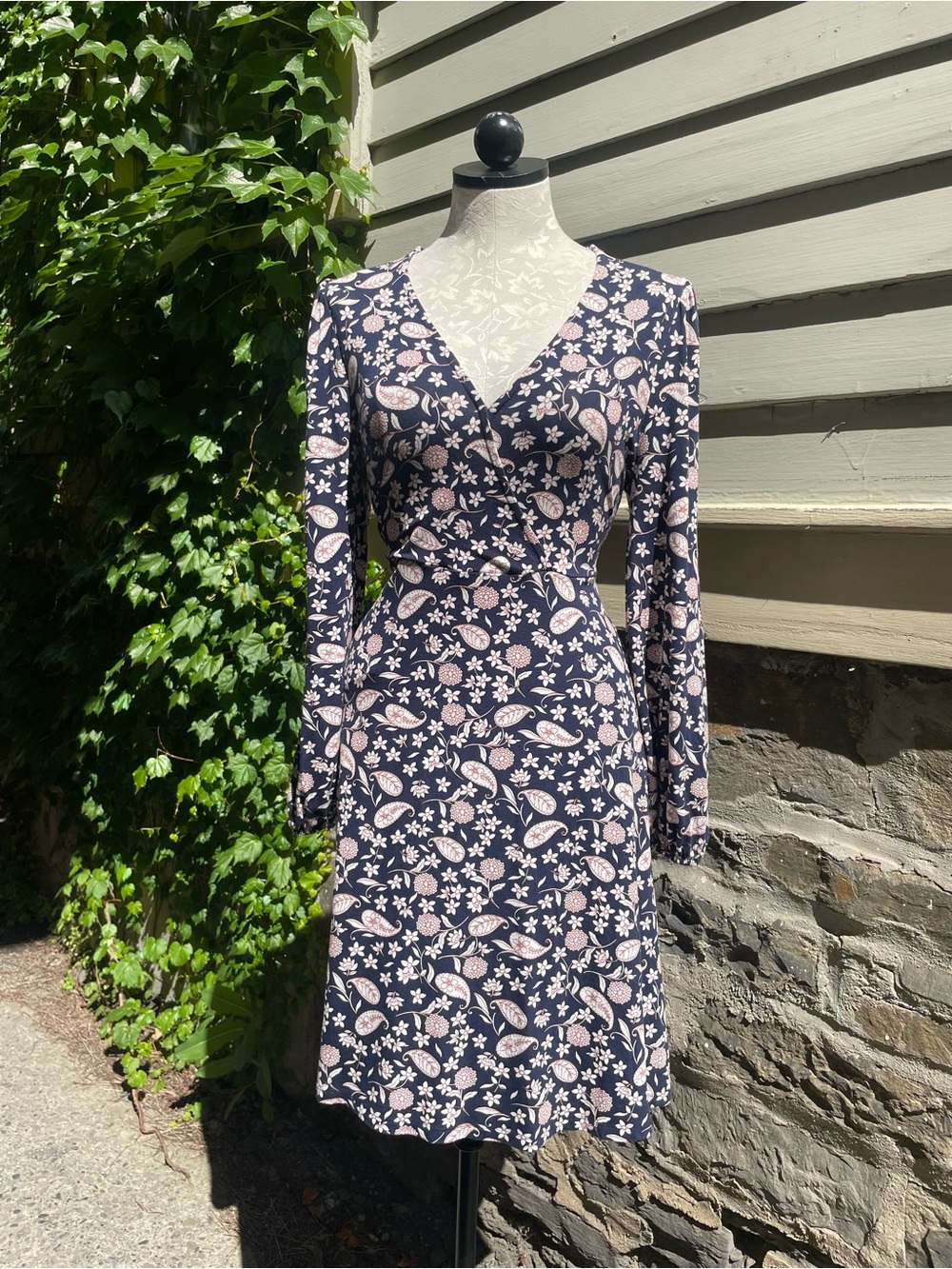 Boden Navy and Blush Paisley-Print Long-Sleeve Wrap Dress